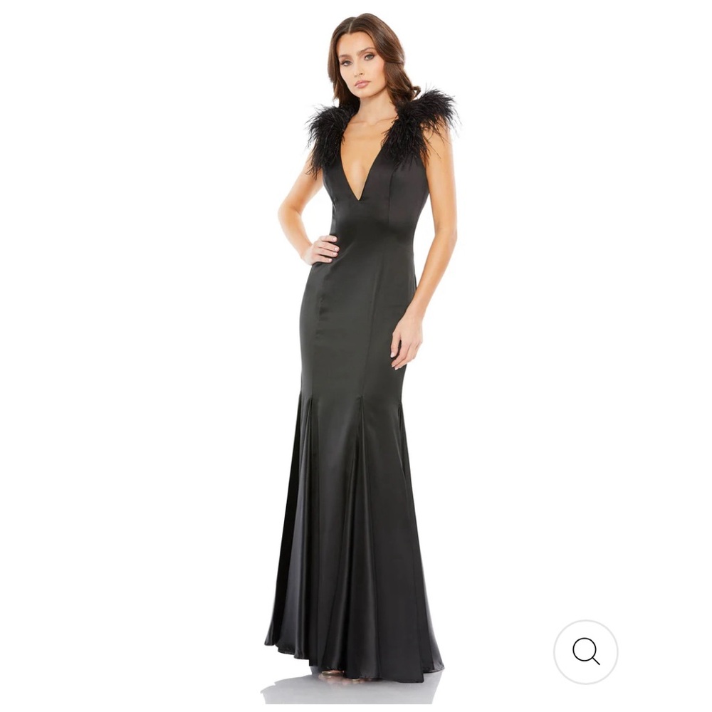 Mac Duggal Black Gown With Feather Shoulder Detail